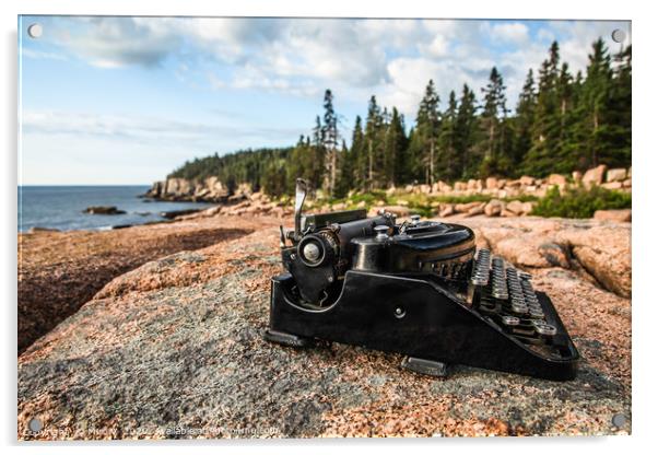 Antique typewriter near ocean on granite rock Acrylic by Miro V