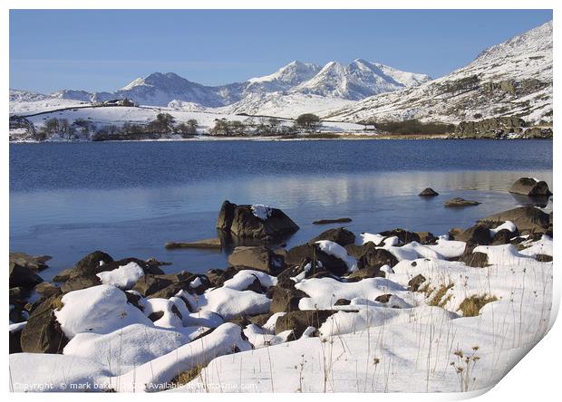 Llynnau MMymbyr & snowdon horseshoe in winter Print by mark baker