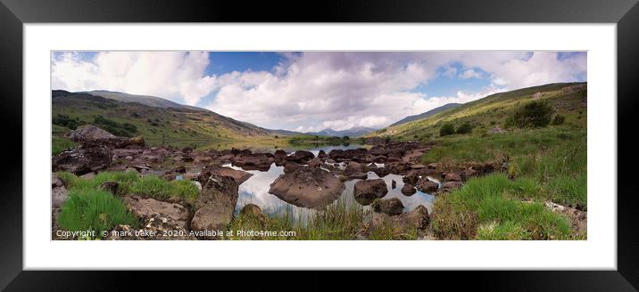 Llynnau Mymbyr & Snowdon panoramic. Framed Mounted Print by mark baker