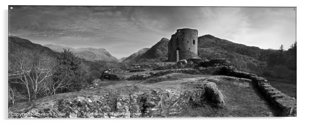 Dolbadarn Castle mono panorama. Acrylic by mark baker