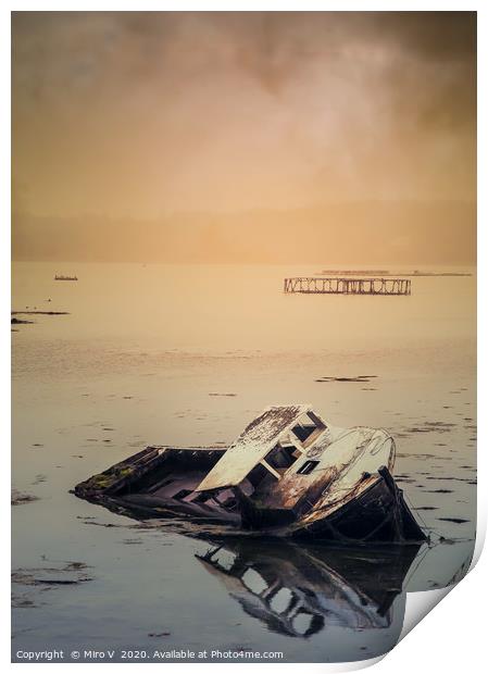 Old boat in water with dramatic storm sky Print by Miro V