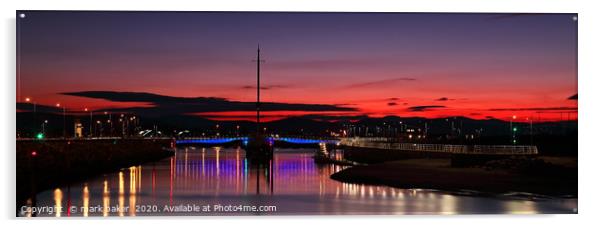 Foryd Harbour, Rhyl at sunset. Acrylic by mark baker