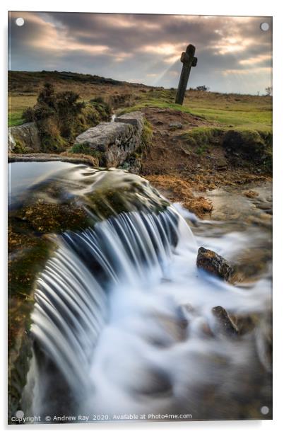 Windy Post and Waterfall (Dartmoor) Acrylic by Andrew Ray