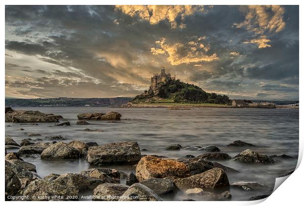 St Michaels mount at sunset Penzance Cornwall,suns Print by kathy white