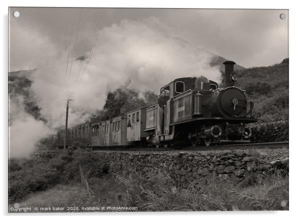 Merddin Emrys with 1920's vintage train. Acrylic by mark baker