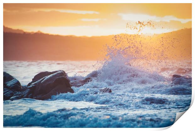 wave breaking on the rocks at sunset Print by federico stevanin