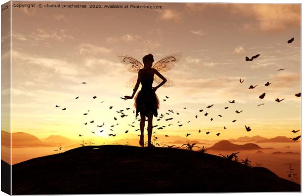 3d rendering of a fairy on a tree trunk on the sky Canvas Print by chainat prachatree