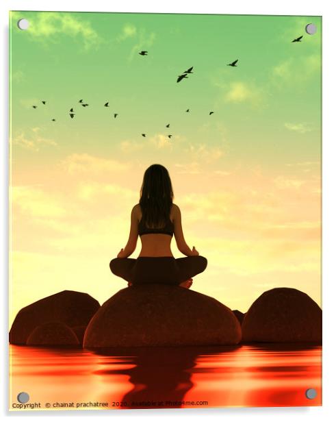 3d illustration of silhouette woman doing meditati Acrylic by chainat prachatree