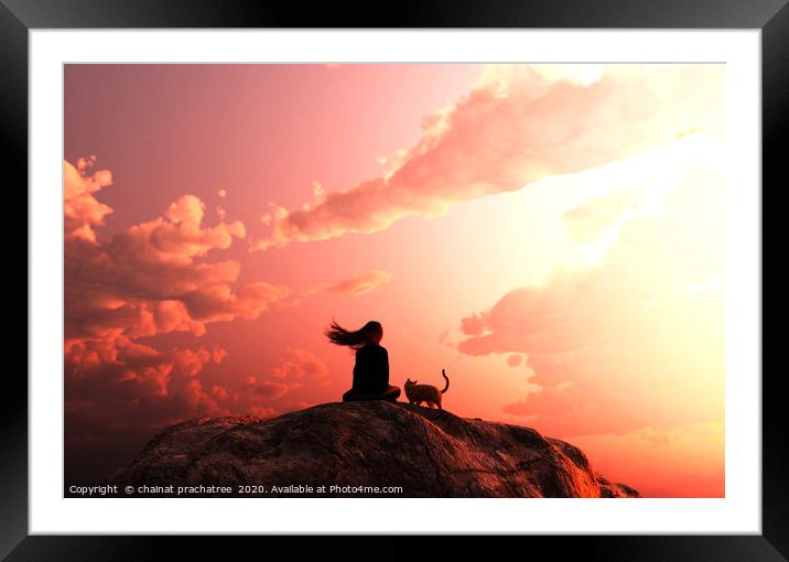 Girl sitting with her cat looking to the sunset sk Framed Mounted Print by chainat prachatree