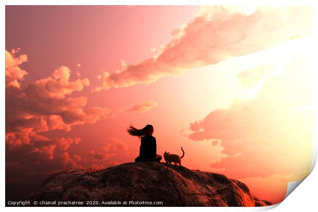 Girl sitting with her cat looking to the sunset sk Print by chainat prachatree