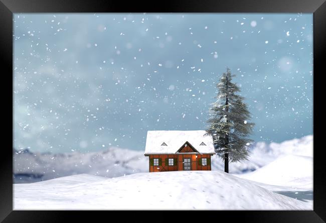 House or cottage in winter for christmas,3d illust Framed Print by chainat prachatree