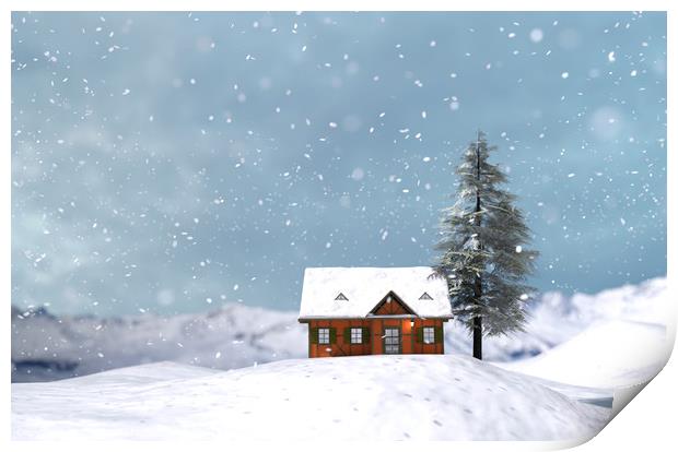 House or cottage in winter for christmas,3d illust Print by chainat prachatree