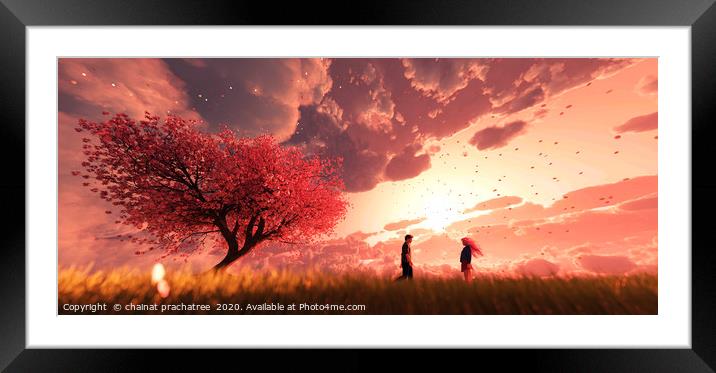 Garden of heaven,Couple in field with sakura tree  Framed Mounted Print by chainat prachatree