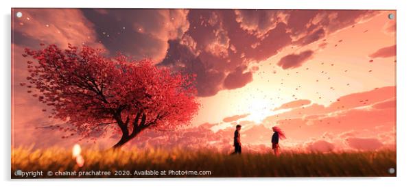 Garden of heaven,Couple in field with sakura tree  Acrylic by chainat prachatree