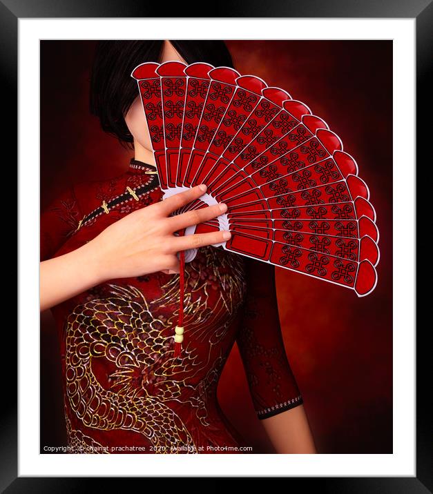 Asian girl with Traditional Chinese fan,3d renderi Framed Mounted Print by chainat prachatree