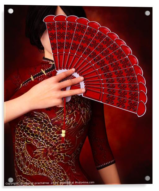 Asian girl with Traditional Chinese fan,3d renderi Acrylic by chainat prachatree