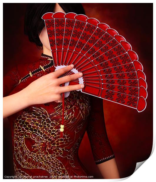 Asian girl with Traditional Chinese fan,3d renderi Print by chainat prachatree