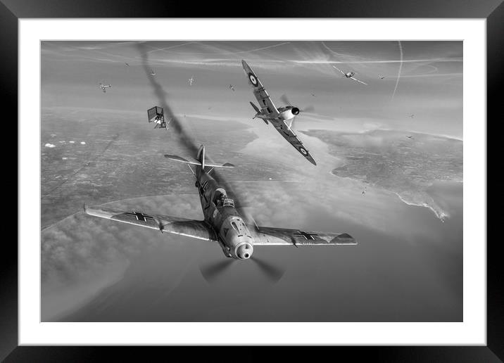 Helmut Wick shot down over Poole Bay, B&W version Framed Mounted Print by Gary Eason