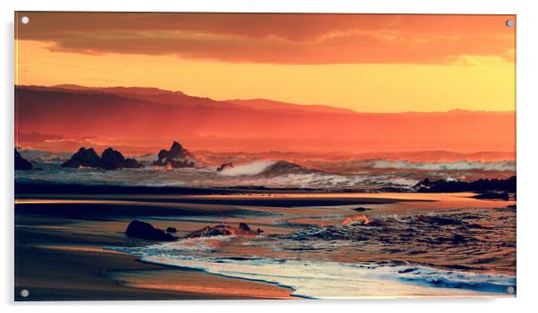 red orange yellow black sunset on sea Acrylic by federico stevanin