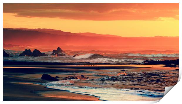 red orange yellow black sunset on sea Print by federico stevanin