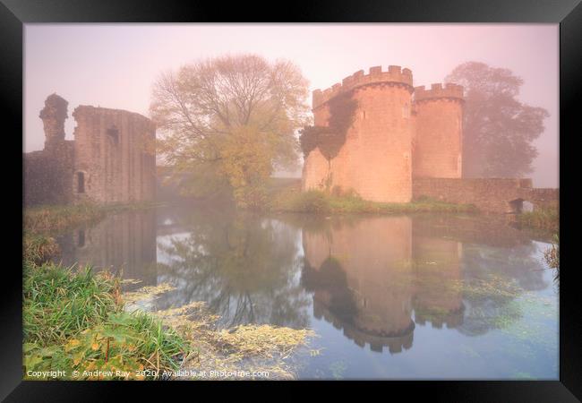 Misty morning at Whittinton Castle Framed Print by Andrew Ray