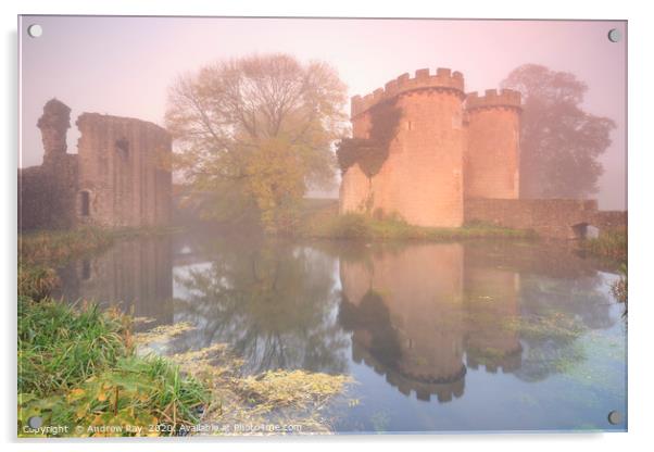 Misty morning at Whittinton Castle Acrylic by Andrew Ray