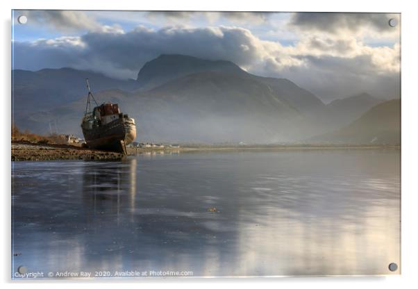 Abandoned boat and Ben Nevis (Loch Linnhe) Acrylic by Andrew Ray