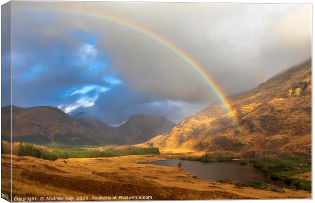 Rainbow over Lochan Urr Canvas Print by Andrew Ray