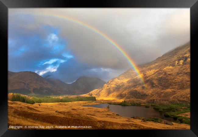 Rainbow over Lochan Urr Framed Print by Andrew Ray