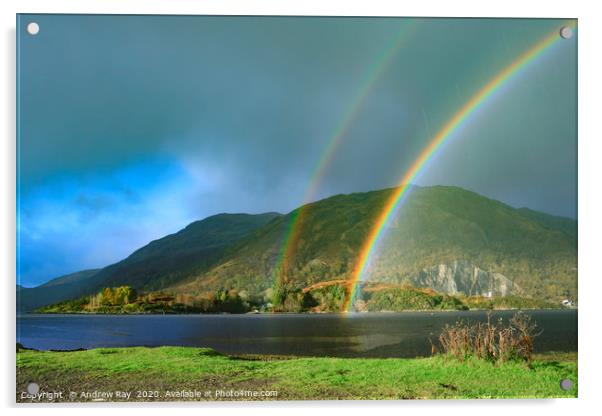 Rainbows at Taynuilt Pier Acrylic by Andrew Ray