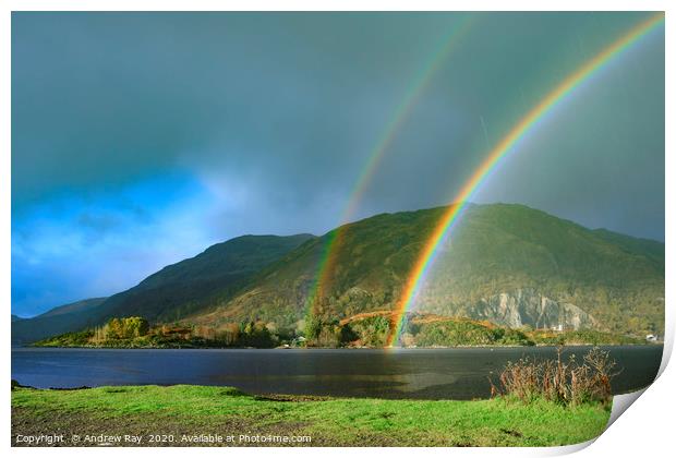 Rainbows at Taynuilt Pier Print by Andrew Ray