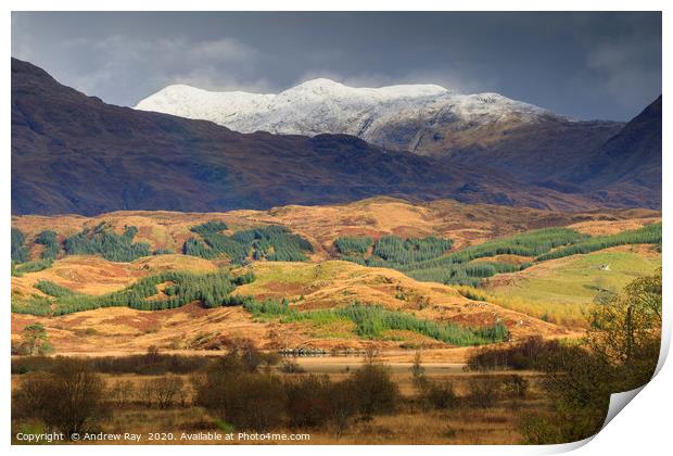 Snow capped peaks over Loch Tromlee Print by Andrew Ray
