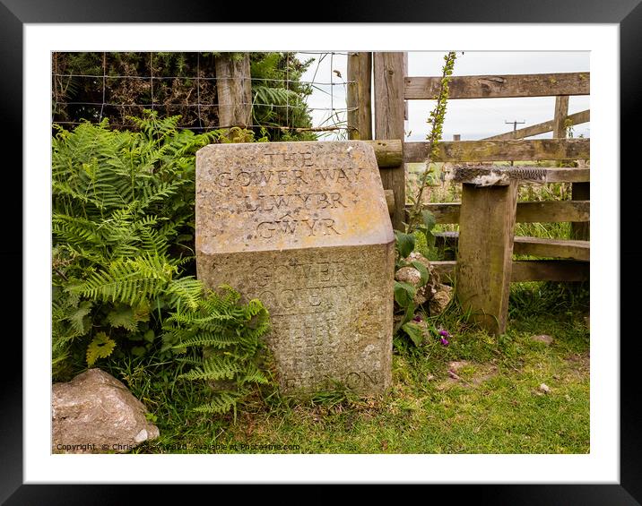 Stone marker on the Gower Coastal Path Framed Mounted Print by Chris Yaxley