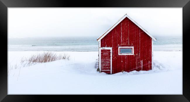 Red Cabin at The Beach Framed Print by Eirik Sørstrømmen