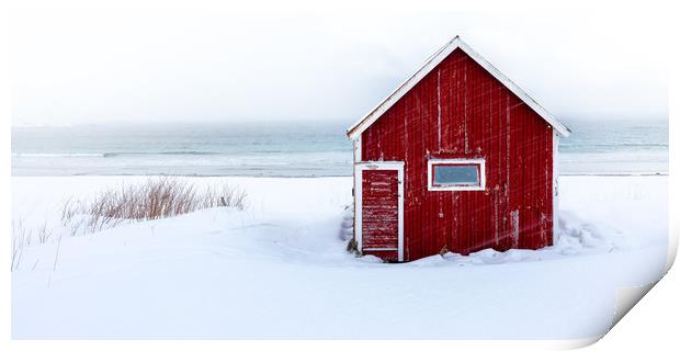 Red Cabin at The Beach Print by Eirik Sørstrømmen