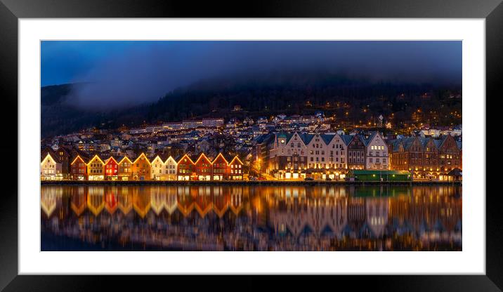 Bergen Harbor at Night Framed Mounted Print by Eirik Sørstrømmen