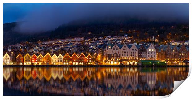Bergen Harbor at Night Print by Eirik Sørstrømmen