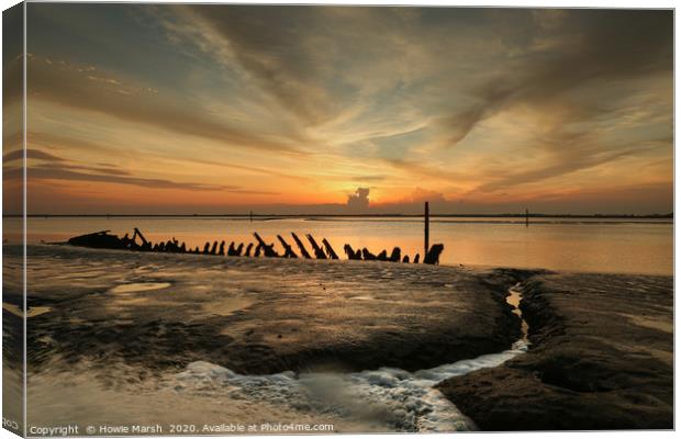 Wreck, Water and Sunset. Canvas Print by Howie Marsh