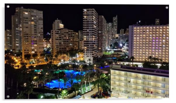 Benidorm at night Acrylic by Raymond Partlett