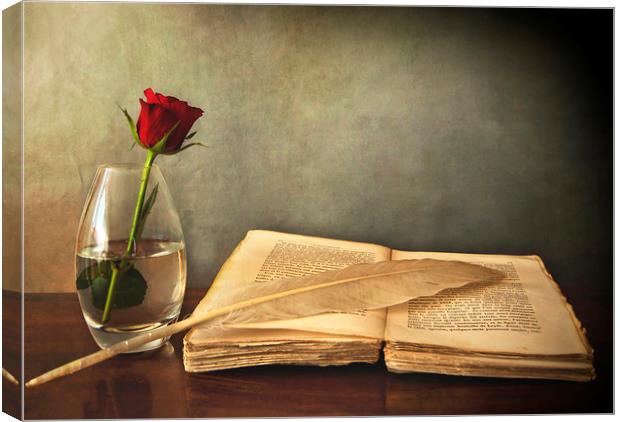 Desk in chiaroscuro with book single red rose and  Canvas Print by Luisa Vallon Fumi