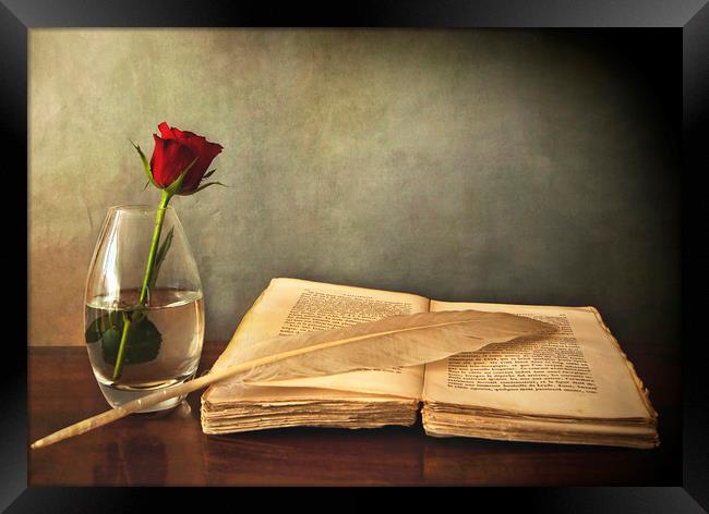 Desk in chiaroscuro with book single red rose and  Framed Print by Luisa Vallon Fumi