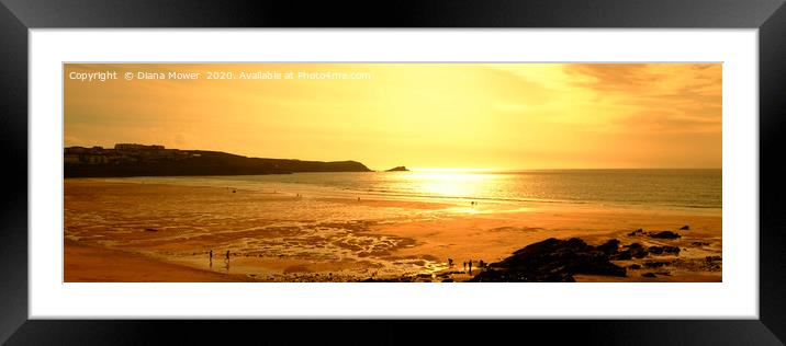 Fistral Beach Sunset Panoramic Framed Mounted Print by Diana Mower