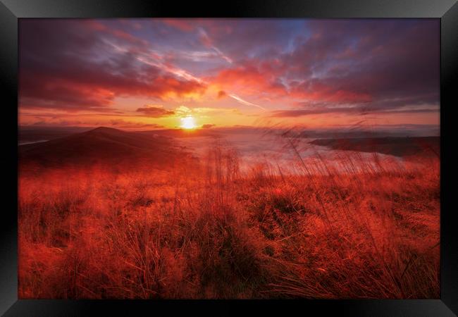 Red Blast of Light; Hope Valley Sunrise. Framed Print by John Finney