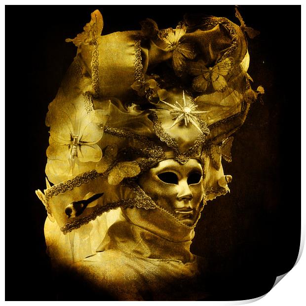 Venice carnival, baroque golden Venetian mask with Print by Luisa Vallon Fumi