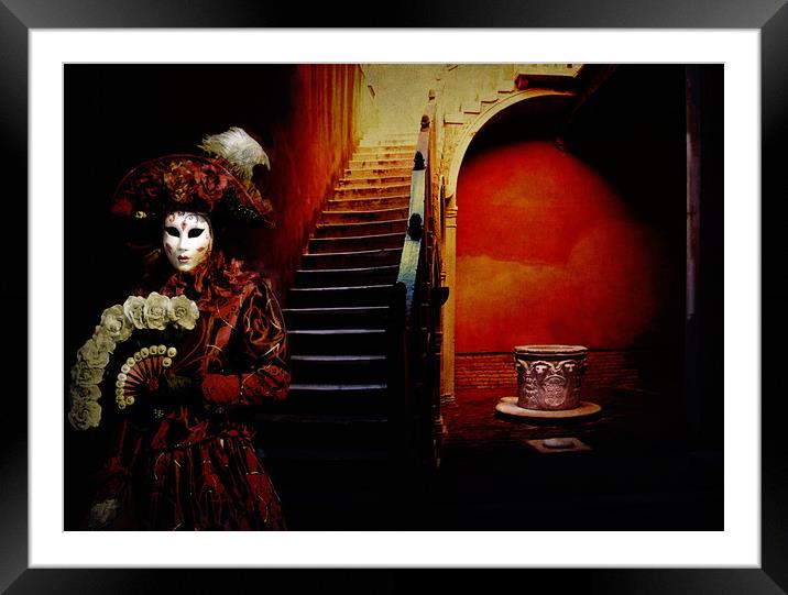 Venice carnival, Venetian mask with fan in front a Framed Mounted Print by Luisa Vallon Fumi
