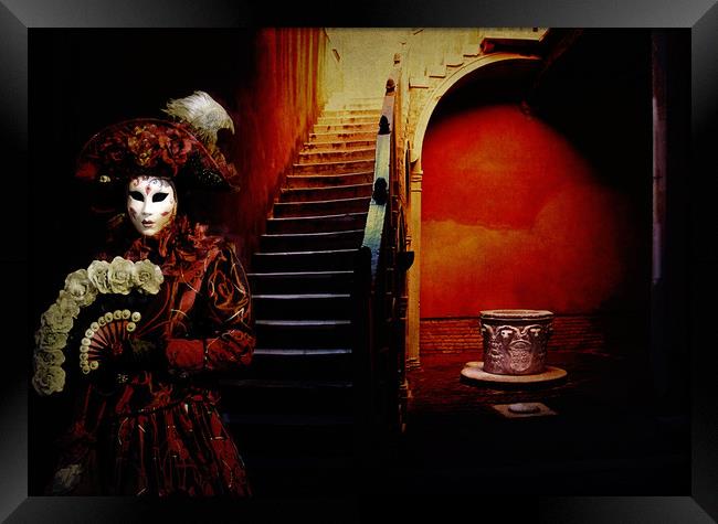 Venice carnival, Venetian mask with fan in front a Framed Print by Luisa Vallon Fumi