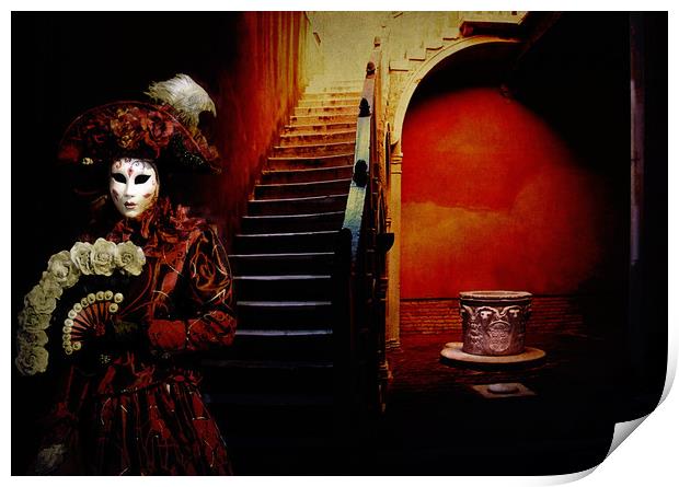 Venice carnival, Venetian mask with fan in front a Print by Luisa Vallon Fumi