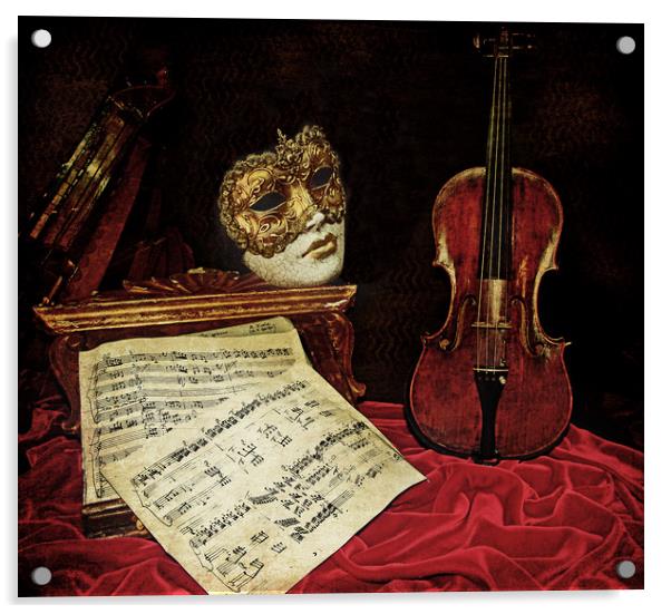 Venice in still life: Venetian mask, violin and mu Acrylic by Luisa Vallon Fumi
