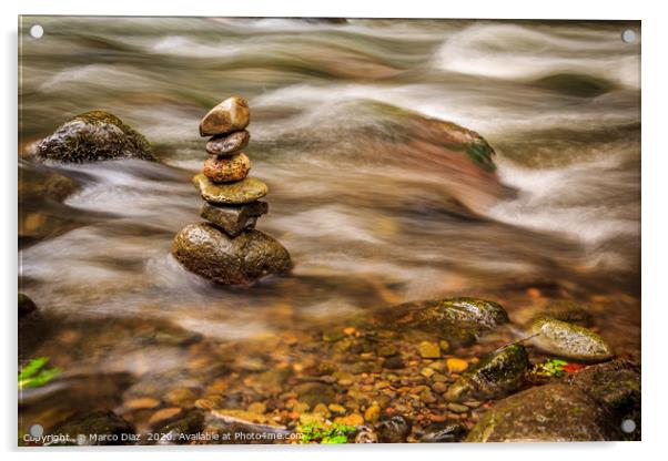 Stones in a zen position in a river in Costa Rica Acrylic by Marco Diaz