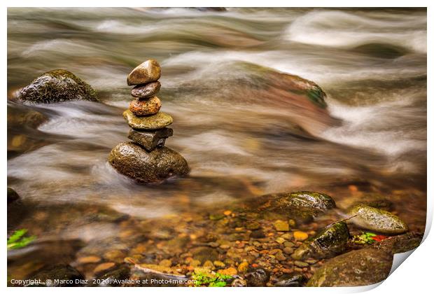 Stones in a zen position in a river in Costa Rica Print by Marco Diaz